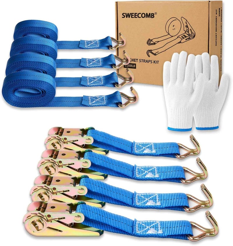 Sweecomb Ratchet Straps (4-Pack), 1 Inch x 16.4 Feet (2200lb Break Strength) with Sturdy Metal Hooks, 1x Work Gloves, Heavy Duty Tie Down Straps for Truck, Cargo Trailer, Motorcycle, Luggage, Moving (Blue) - Image 1